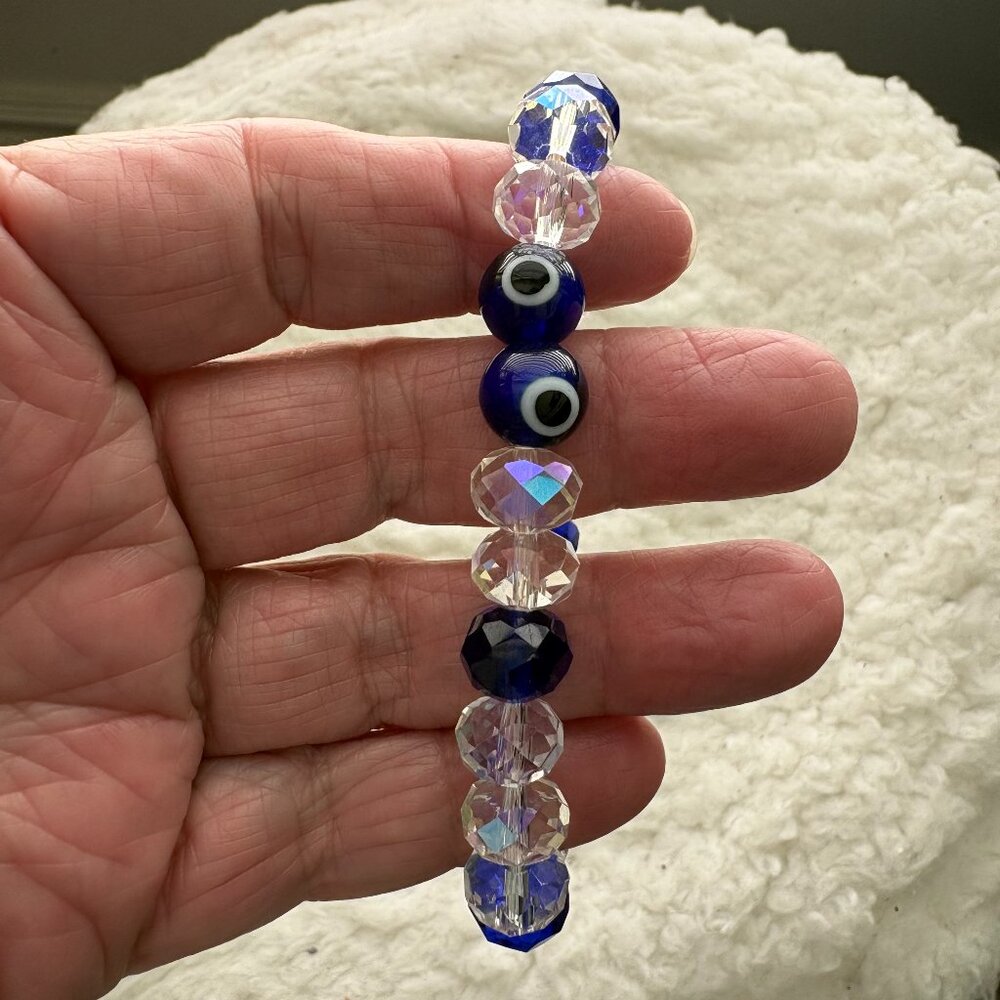 Evil Eye Protection Stretchy Bracelet Cobalt Blue/Clear Faceted Crystal Beads - Picture 3 of 6